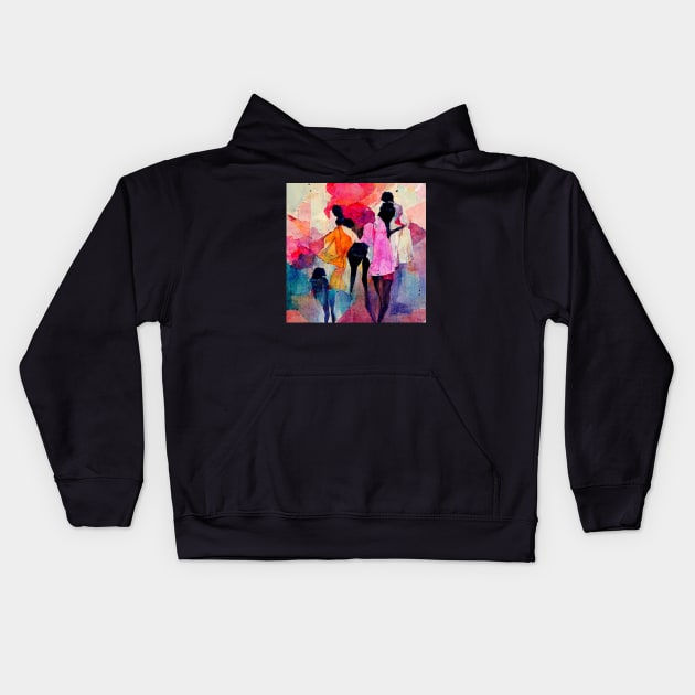 Abstract design of ladies wearing colorful dresses. Kids Hoodie by Liana Campbell